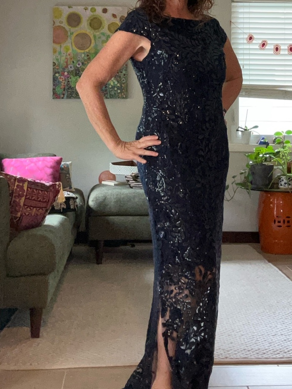Women's Navy Sequin Lace Maxi Dress